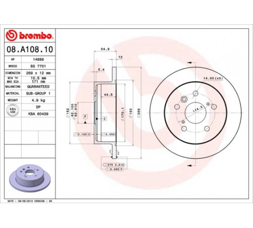 Гальмівний диск 08.A108.10 BREMBO