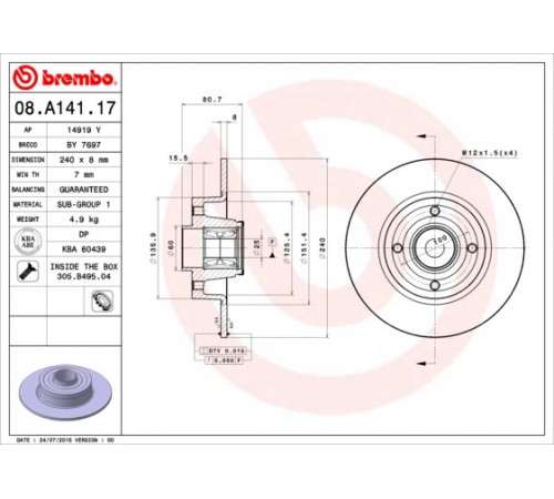 Гальмівний диск 08.A141.17 BREMBO