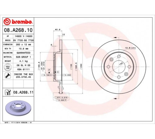 Гальмівний диск 08.A268.10 BREMBO