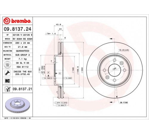 Гальмівний диск 09.8137.21 BREMBO
