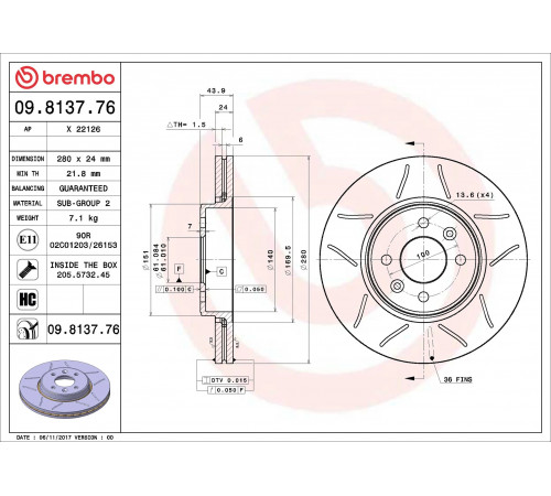 Гальмівний диск 09.8137.76 BREMBO