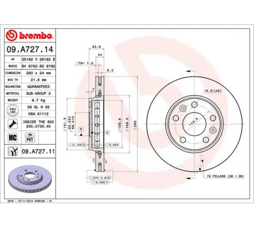 Гальмівний диск 09.A727.11 BREMBO