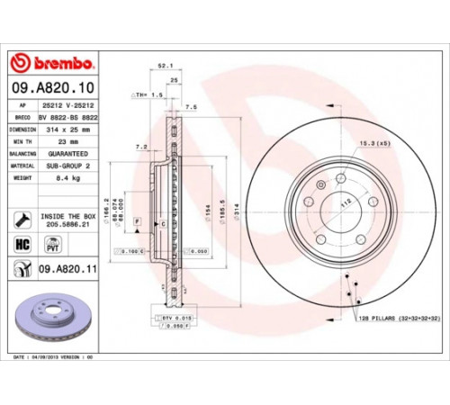 Гальмівний диск 09.A820.11 BREMBO