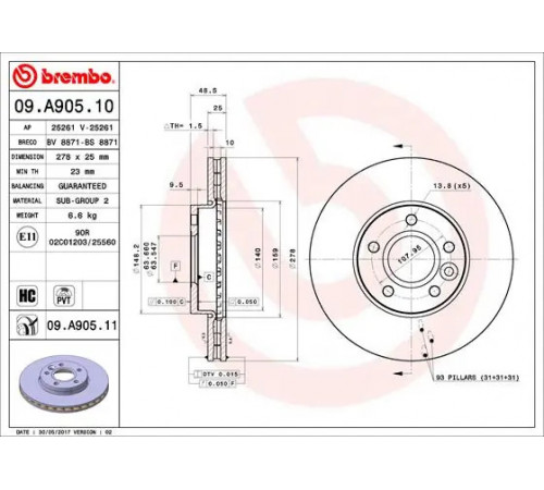 Гальмівний диск 09.A905.10 BREMBO