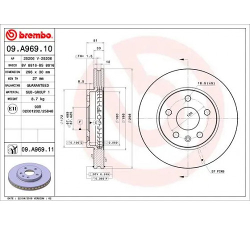 Гальмівний диск 09.A969.10 BREMBO