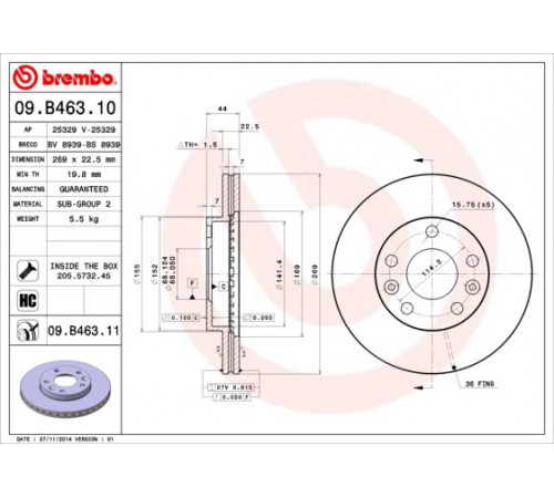 Гальмівний диск 09.B463.10 BREMBO