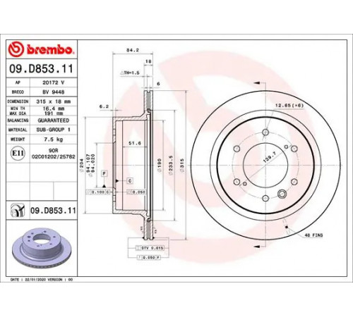 Гальмівний диск 09.D853.11 BREMBO