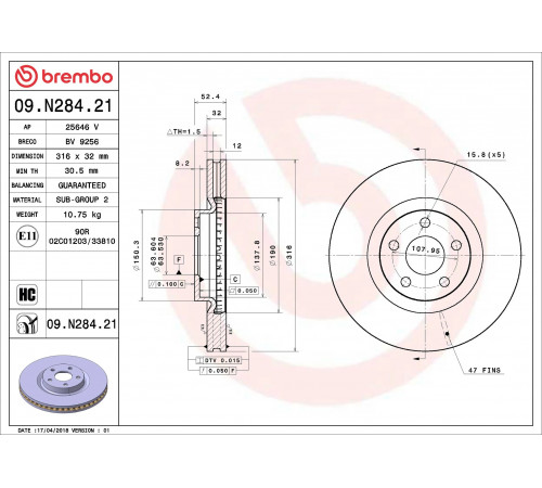 Гальмівний диск 09.N284.21 BREMBO