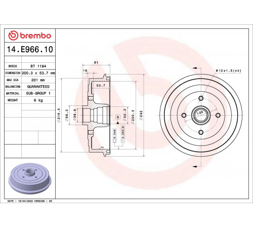 Гальмівний барабан 14.E966.10 BREMBO