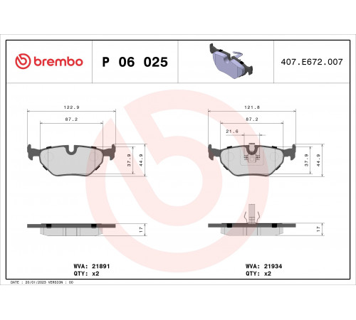 Комплект гальмівних накладок, дискове гальмо P 06 025 BREMBO