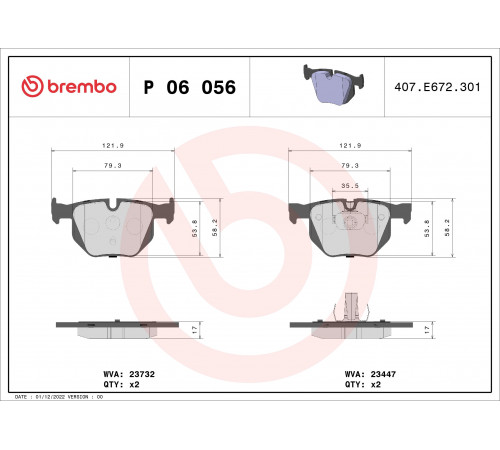 Комплект гальмівних накладок, дискове гальмо P 06 056 BREMBO