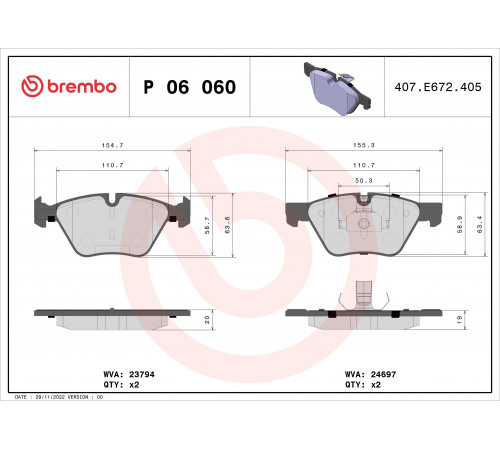 Комплект гальмівних накладок, дискове гальмо P 06 060 BREMBO