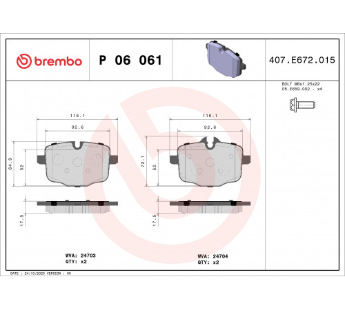 Комплект гальмівних накладок, дискове гальмо P 06 061 BREMBO