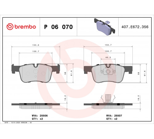 Комплект гальмівних накладок, дискове гальмо P 06 070 BREMBO