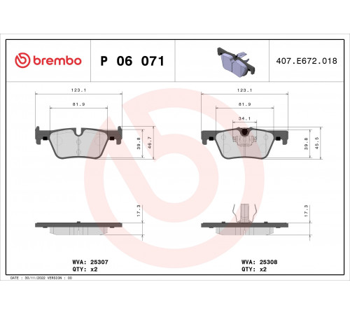Комплект гальмівних накладок, дискове гальмо P 06 071 BREMBO