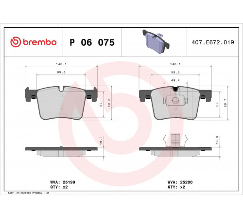 Комплект гальмівних накладок, дискове гальмо P 06 075 BREMBO
