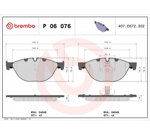 Комплект гальмівних накладок, дискове гальмо P 06 076 BREMBO