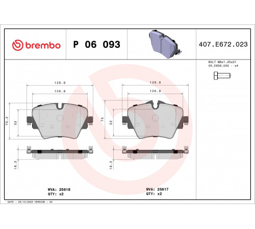 Комплект гальмівних накладок, дискове гальмо P 06 093 BREMBO