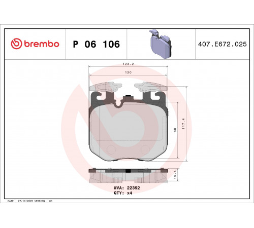 Комплект гальмівних накладок, дискове гальмо P 06 106 BREMBO