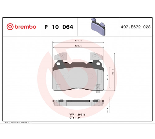 Комплект гальмівних накладок, дискове гальмо P 10 064 BREMBO