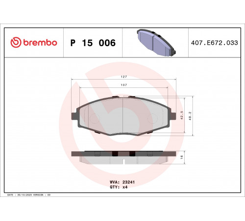 Комплект гальмівних накладок, дискове гальмо P 15 006 BREMBO