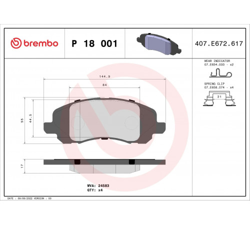 Комплект гальмівних накладок, дискове гальмо P 18 001 BREMBO