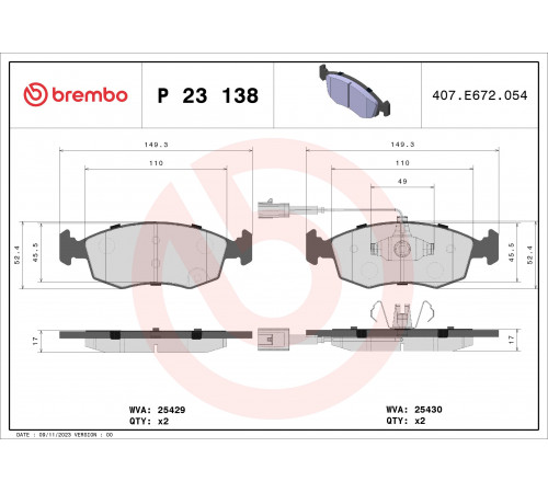 Комплект гальмівних накладок, дискове гальмо P 23 138 BREMBO