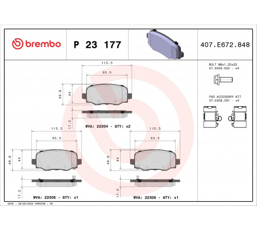 Комплект гальмівних накладок, дискове гальмо P 23 177 BREMBO