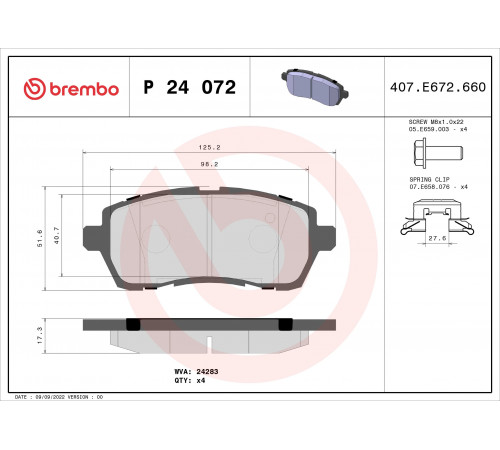 Комплект гальмівних накладок, дискове гальмо P 24 072 BREMBO