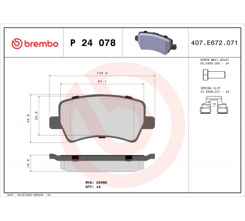Комплект гальмівних накладок, дискове гальмо P 24 078 BREMBO