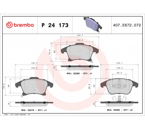 Комплект гальмівних накладок, дискове гальмо P 24 173 BREMBO