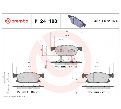 Комплект гальмівних накладок, дискове гальмо P 24 188 BREMBO