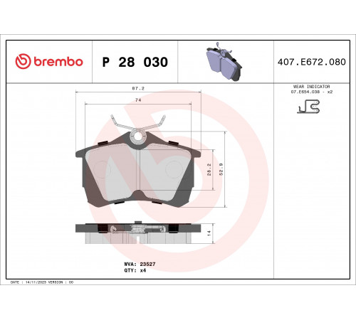 Комплект гальмівних накладок, дискове гальмо P 28 030 BREMBO