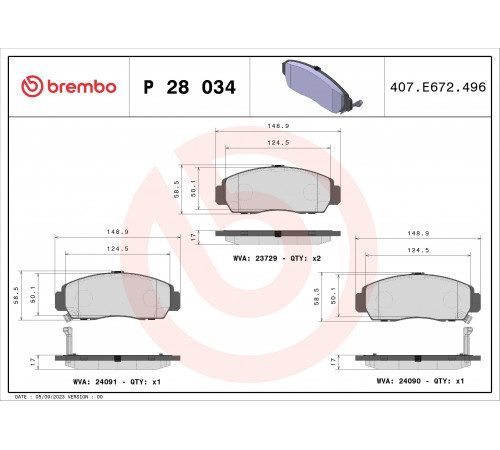 Комплект гальмівних накладок, дискове гальмо P 28 034 BREMBO