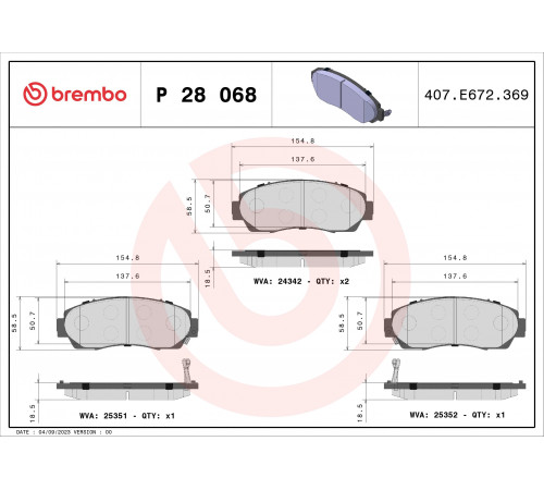 Комплект гальмівних накладок, дискове гальмо P 28 068 BREMBO