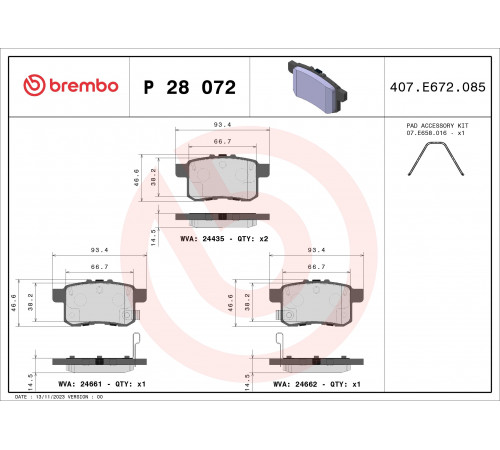 Комплект гальмівних накладок, дискове гальмо P 28 072 BREMBO