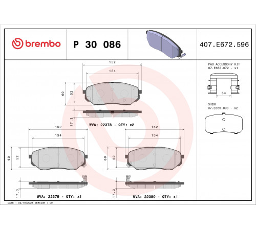 Комплект гальмівних накладок, дискове гальмо P 30 086 BREMBO