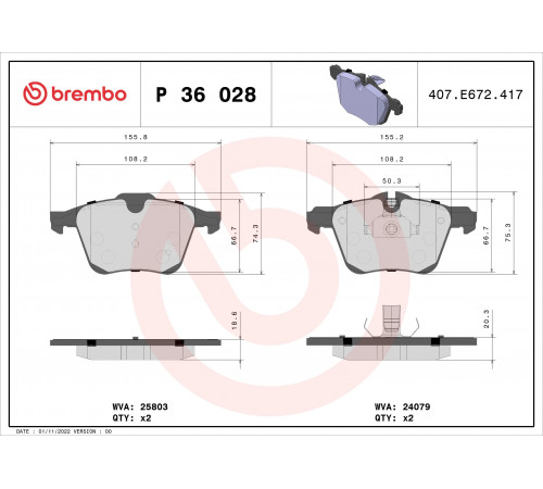 Комплект гальмівних накладок, дискове гальмо P 36 028 BREMBO