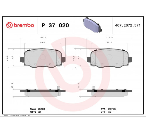 Комплект гальмівних накладок, дискове гальмо P 37 020 BREMBO