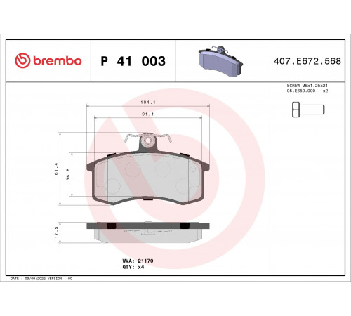 Комплект гальмівних накладок, дискове гальмо P 41 003 BREMBO