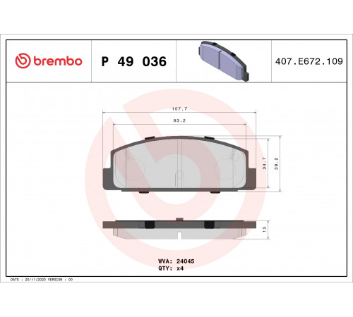 Комплект гальмівних накладок, дискове гальмо P 49 036 BREMBO