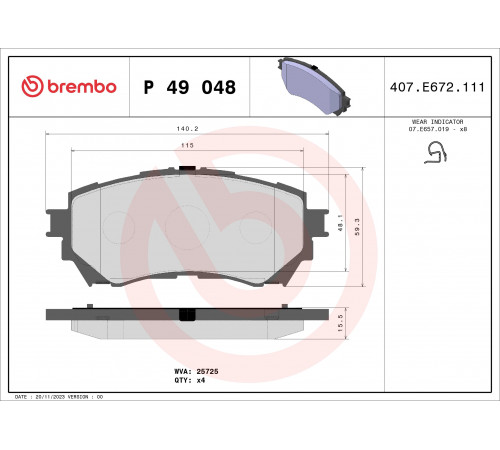 Комплект гальмівних накладок, дискове гальмо P 49 048 BREMBO