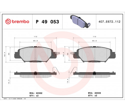 Комплект гальмівних накладок, дискове гальмо P 49 053 BREMBO