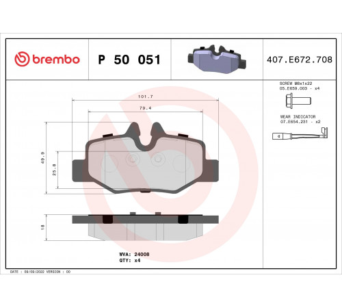 Комплект гальмівних накладок, дискове гальмо P 50 051 BREMBO