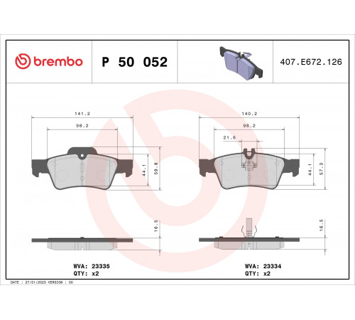 Комплект гальмівних накладок, дискове гальмо P 50 052 BREMBO