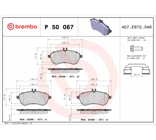 Комплект гальмівних накладок, дискове гальмо P 50 067 BREMBO