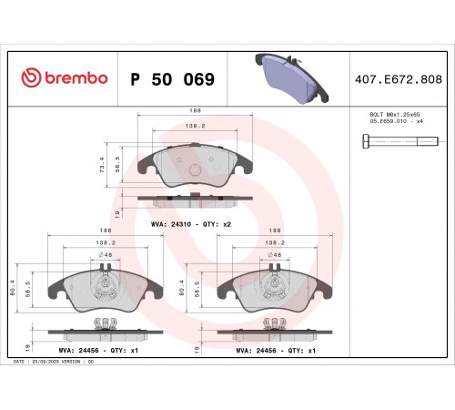 Комплект гальмівних накладок, дискове гальмо P 50 069 BREMBO