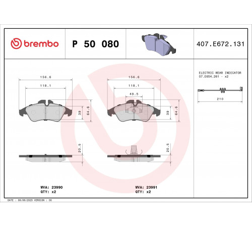 Комплект гальмівних накладок, дискове гальмо P 50 080 BREMBO