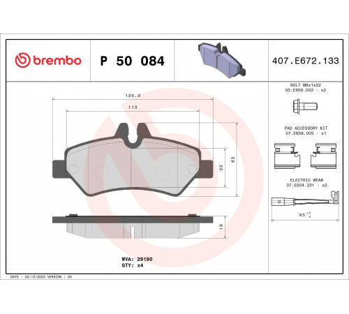 Комплект гальмівних накладок, дискове гальмо P 50 084 BREMBO