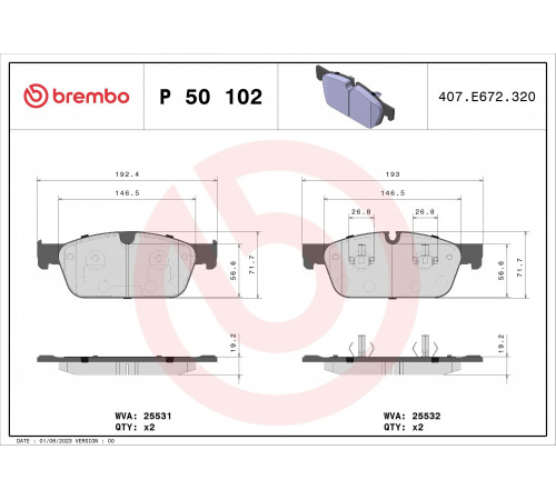 Комплект гальмівних накладок, дискове гальмо P 50 102 BREMBO